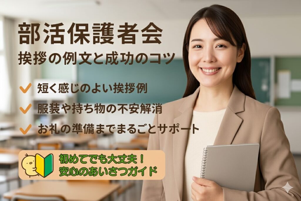 部活保護者会の挨拶の例文と成功のコツを解説する記事のアイキャッチ。笑顔の女性がノートを持ち、短い挨拶例・服装や持ち物の不安解消・お礼準備までサポートと書かれている。