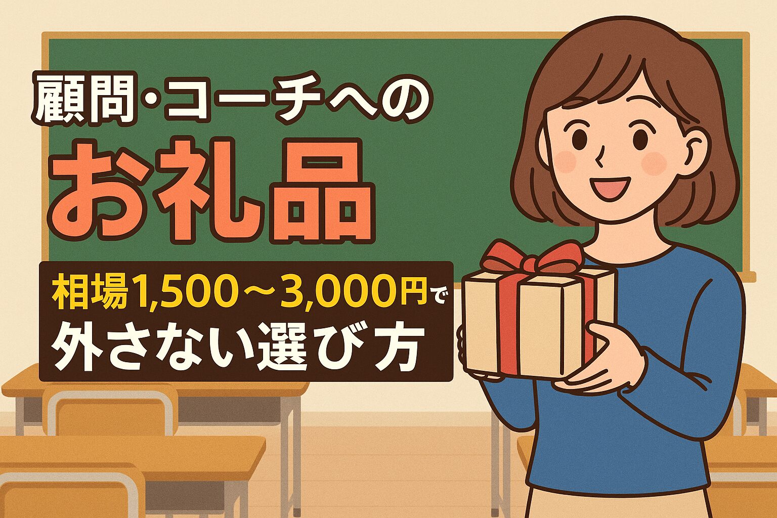 教室の背景に立つ、笑顔のママキャラクターが手にプレゼントを持っているイラスト。顧問・コーチへのお礼ギフトをイメージした温かみのある雰囲気で、感謝の気持ちを伝えるシーンを描いている。