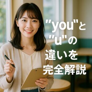 明るいカフェで笑顔を見せる日本人の英会話教師が、クリップボードとペンを持って立っている。右側に白い太字で「“you”と“u”の違いを完全解説」と書かれている。柔らかな自然光とパステル調の雰囲気が全体を包んでいる。