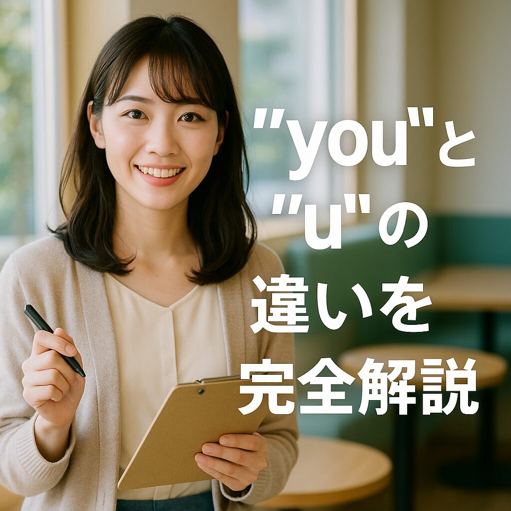 明るいカフェで笑顔を見せる日本人の英会話教師が、クリップボードとペンを持って立っている。右側に白い太字で「“you”と“u”の違いを完全解説」と書かれている。柔らかな自然光とパステル調の雰囲気が全体を包んでいる。