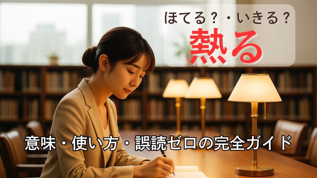 落ち着いた照明の図書館で、ノートにペンを走らせる30代の女性会社員。暖色系の光が机と顔をやさしく照らし、背後には本棚が並ぶ。画像右上には「熱るの読みがな（ほてる？・いきる？）｜意味・使い方・誤読ゼロの完全ガイド」という日本語タイトルが配置されている。