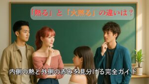 大学の教室で4人の学生が黒板の前に立ち、「熱る」と「火照る」の違いについて考えている様子を描いた写真。明るい日差しと落ち着いた雰囲気の中、オフショルダーの服を着た女性が印象的なシーン。