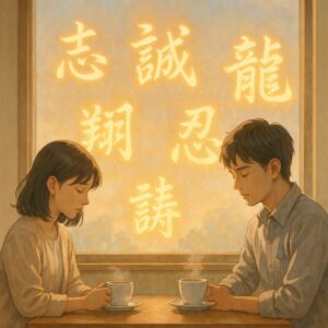 朝の柔らかな光が差し込む喫茶店で、若い男女がテーブルを挟んで静かに向かい合い、コーヒーを手に思索している。窓の向こうには金色に輝く筆文字で「志」「翔」「誠」「忍」「龍」の五つの文字が、朝日の光に溶けるようにふんわりと浮かんでいる。全体が淡いパステル調で、希望と静けさが同居する穏やかな雰囲気のイラスト。