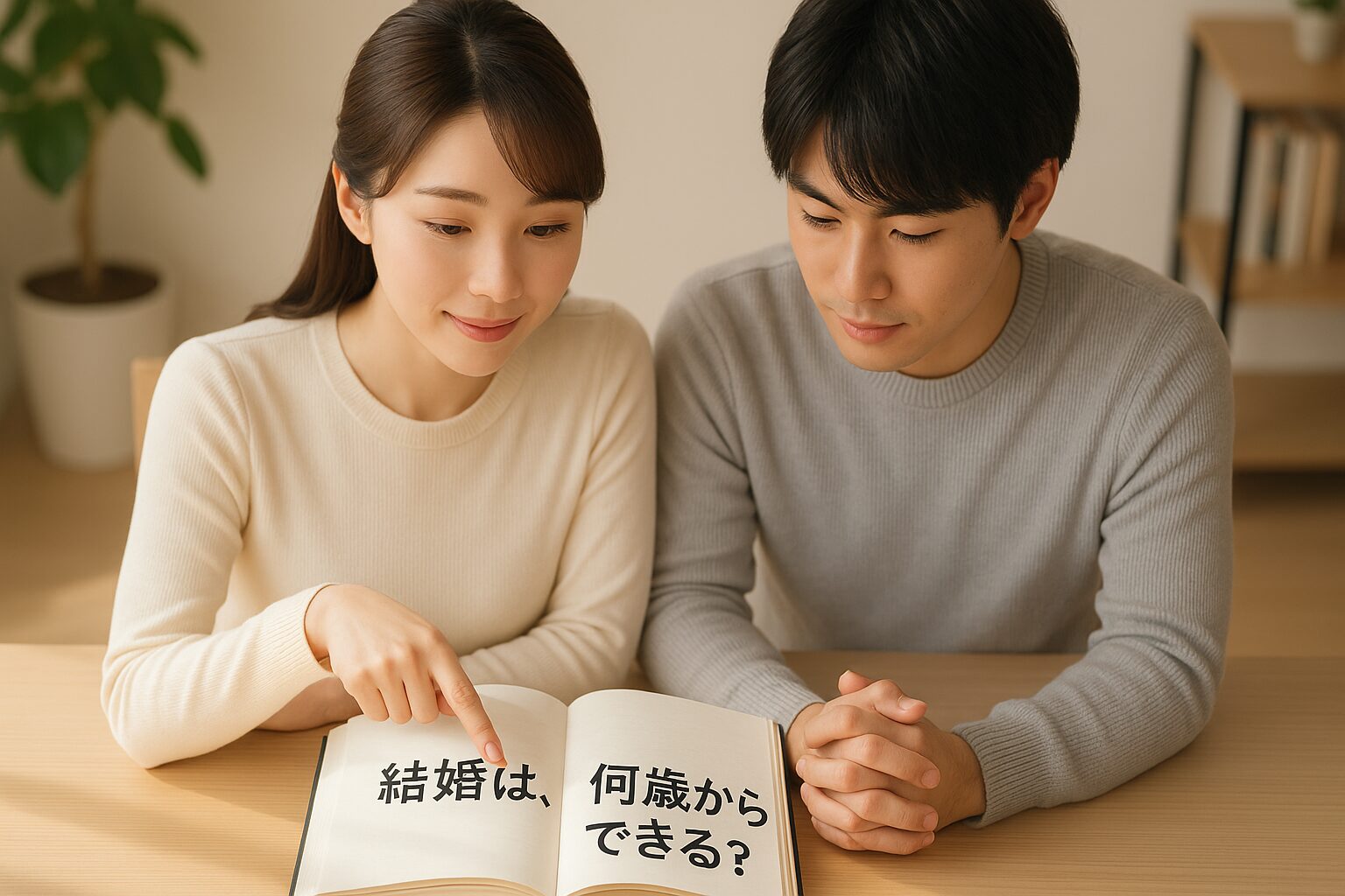 若い日本人カップルが明るい室内でノートを開き、女性が“結婚は、何歳からできる？”という文字を指差している様子