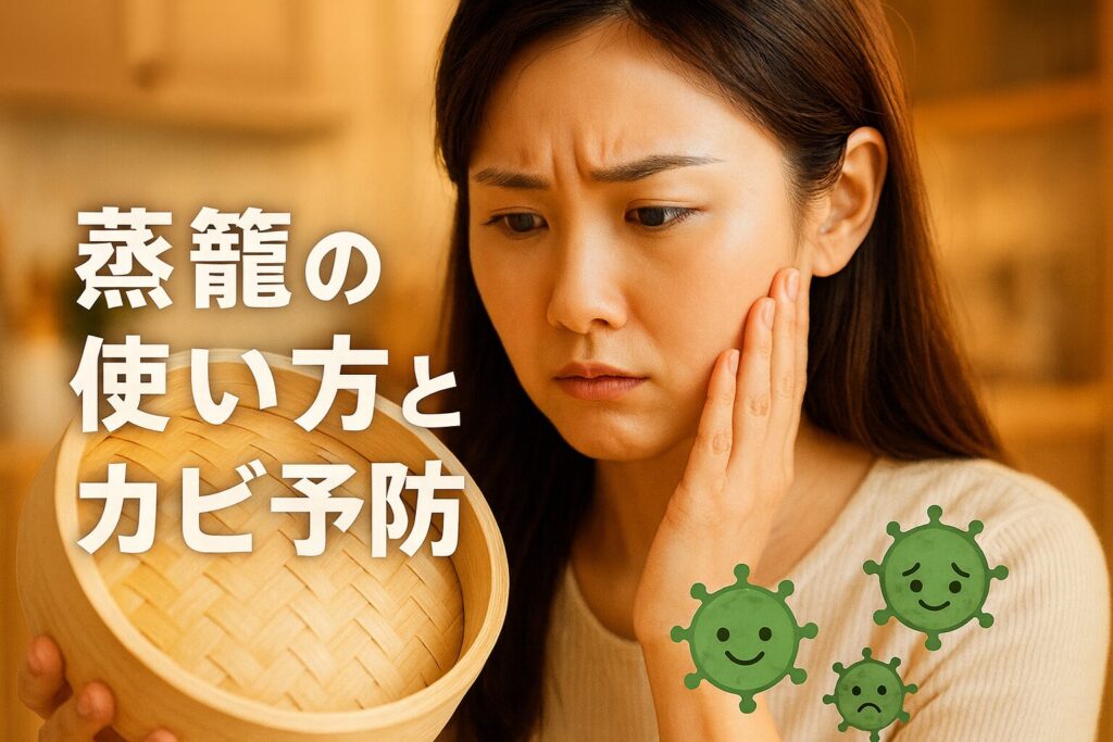 美しい主婦が竹製の蒸籠を見つめながらカビ予防に悩んでいる様子。暖色系の自然光に照らされた蒸籠と、右下に小さく表示されたアニメ風カビキャラ3体が特徴のキッチンシーン。